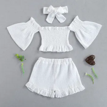 1-6Years Baby Girls Summer 3Pcs Clothes Sets Kids Sweet Solid Color Flare Sleeve Тениски, Потници + Еластичен Колан Шорти + лента за глава