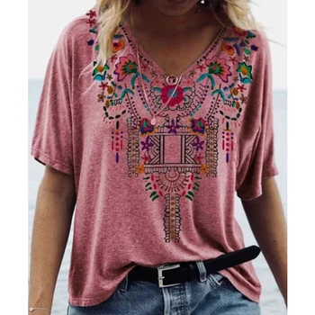 2020 New Women Summer Embroidery Women T-Shirt Flower Print V-Образно Деколте С Къс Ръкав Girls Върховете на T-тениски Ladies Floral Tee Shirt