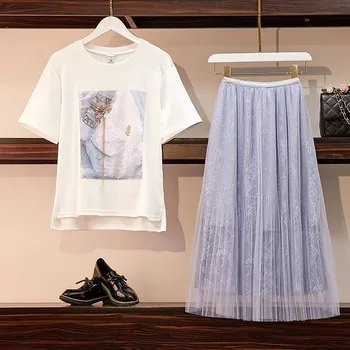 2020 Summer New Women Set Print Fashion Pattern Short Sleeve T Shirt Top + High Waist Еластични Мрежести Skirt Suite 2 Pieces Sets