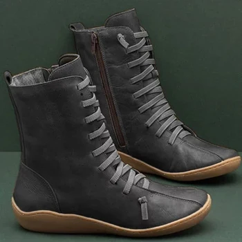 2021 New Women Natural Leather Casual Mid-Calf Ботуши Comfortable Quality Soft Собственоръчно Плосък Shoe Black Work Martin Ботуши