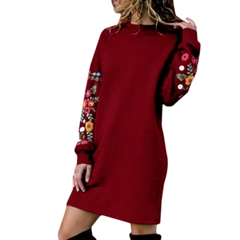 2021 Есен-Зима Дамска Мода Мини Рокля Голям Размер Елегантен Разпечатки С Дълъг Ръкав О-Образно Деколте, Свободно Топло Рокля 4 Цвята