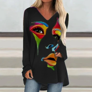 2021 Женски Свободните пуловери с Дълги Блузи Женска тениска Ежедневни Абстрактна печат на Лицето Ризи С Дълъг Ръкав Топ Мода Тениска S-5XL Черен