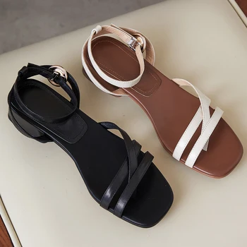 2021 Лятна Дамски Обувки Естествена Кожа отворени Сандали на Дебел ток Мода Обтегач на Ремъка Тънък Колан Малък Размер 33 34