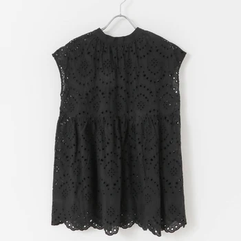 2021 Лято Корейски модерна блуза, Черна Елегантна Офис дама Ежедневни Свободна Лейси Куха Дамски пуловер Топ Япония Негабаритная риза
