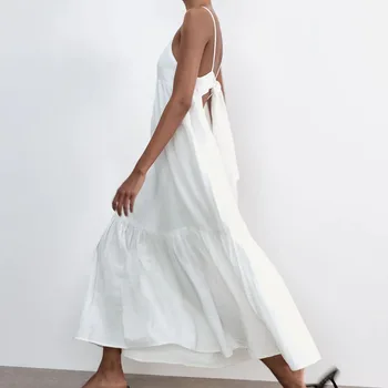 2021 лято нова дамска мода бял кухи открит назад лук шевове свободни и тънки дълги ръкави прашка рокля