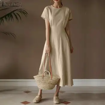 2021 Лятото Елегантна Макси рокля Женски однотонное памучни ленено Кафтан ZANZEA Fashion A Line Vestidos Casual OL Daily Dresses
