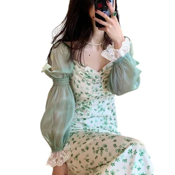 2021 Лятото Шифоновое Дантелено Рокля с флорални принтом-Секси Зелена рокля с пищни Ръкави Винтажное рокля Midi Елегантна вечерна рокля Корейското