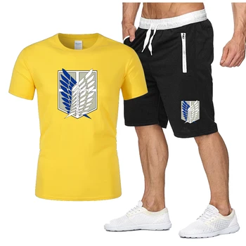 2021 Мода мъжка Тениска+Шорти Новият Годишен Случайни Janpanese Аниме Печатни Атака на Титан Къс Ръкав Быстросохнущий Комплект от 2 Части