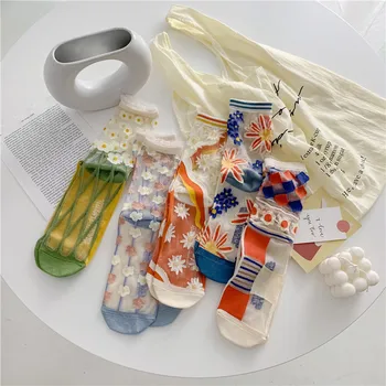 2021 Нов Цвете от Тюл Жените Чорапи Прозрачни тънки Дантелени Чорапи Летни Цветни Стъклени Копринени Чорапи Дамски Calcetines Трикотаж носочные на продукта