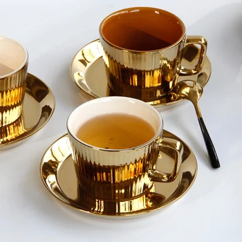 250 мл Позлатени Керамични Чай Чаша Кафе и Чиния Набор от Европейски Стил - Бял
