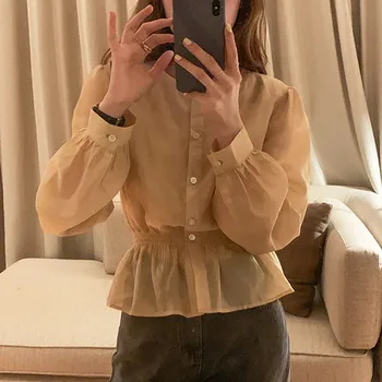 3 цвята 2021 пролет есен дамска блуза Корейски Луксозен стил Еластичен колан риза дамски връхни дрехи блузи с дълъг ръкав (X1814