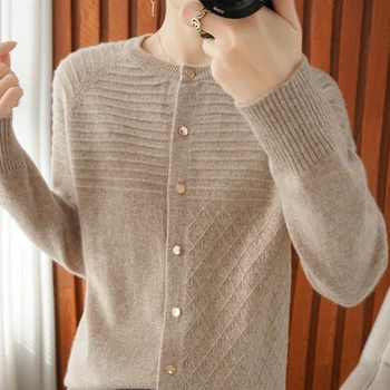 4-цветен кръгла врата вязаный жилетка чиста вълна пуловер женски пълни ръкави домашен стил палто, вълнен пуловер висок клас мода