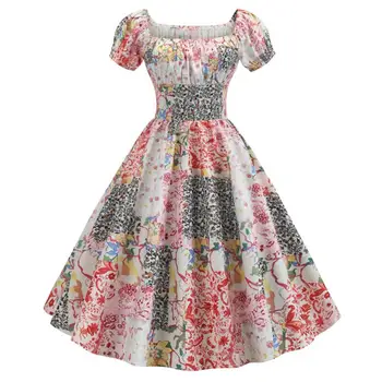 40% от HOT Vintage Women 's Floral Print Short Sleeve Tight Fit Lolita Midi Dress Robe Elegant women' s Floral Print Пин Party Dress