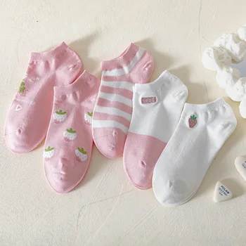 5 Двойки Апликации Ягоди Чорапи Розово Дизайнер Бродерия Лято Тънък Японски Корейски Стил Сладък Меки Момичета Жените Calcetines Високо Качество