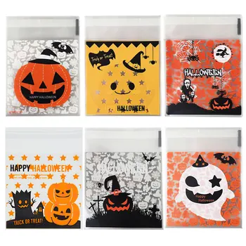 50/100шт 10x10cm Big Halloween Candy Bag Тиква Witch Print Самозалепващи се Найлонови Торбички Happy Halloween Candy Cookie Packaging
