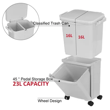 55L 2 Слойная Класификация на Кофата за боклук Кухня Пластмасов боклук е Влажна и Суха Бутон Сортиране кофа за Боклук С Колело