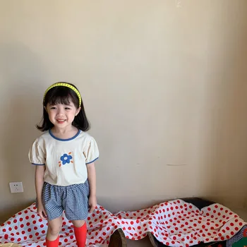 7535 Детски Дрехи Тениска 2021 Лято Корейски Нов Сестри Облекло Тениска Балон Ръкав Цветен Принт Момичета Върховете на 1-9У Момчета Тениска