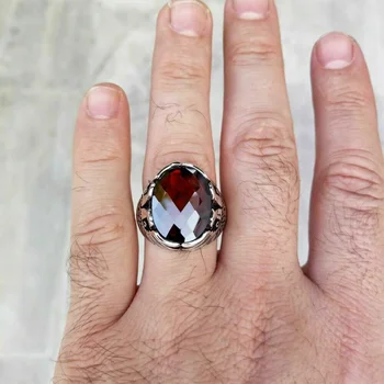 925 сребро ръчно изработени Бижута червен циркон камък мъжки пръстен всички размери