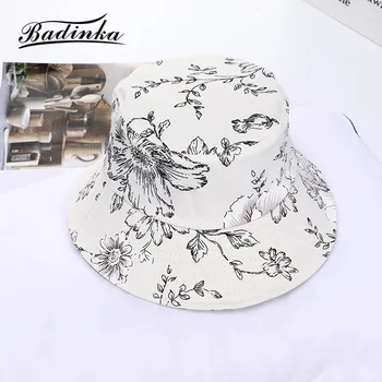 Badinka 2021 New Harajuku Flower Print Office Bucket Hat Chapeau Femme White до fisherman Fishing Sun Hats for Women Men Gorros