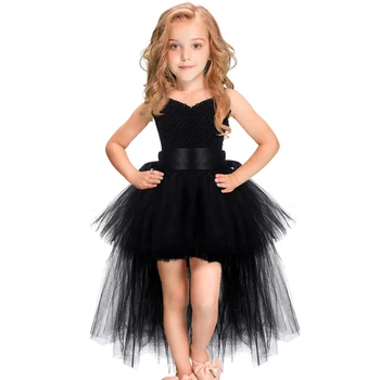 Black Girls Tutu Dress Tulle V-образно деколте Train Момиче Evening Birthday Party Dresses Kids Girl Ball Dress Dress Halloween Costume 1-14YY