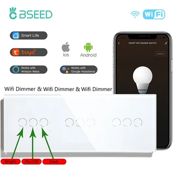 Bseed WIFI Dimmer Switchers Triple Wall Touch Switchers Smart Dimmable Light Switchers Crystal Wireless Smart Life, Sasha App Control