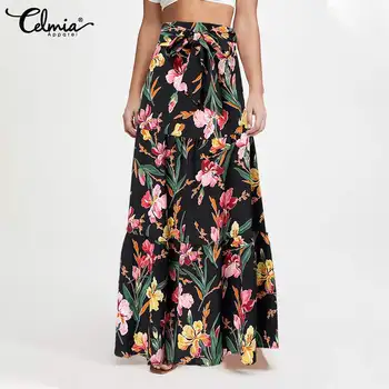 Celmia Бохемска Floral Print Maxi Skirt 2021 Women Bandage High Waist Long Party Skirt Casual плисирани поли трапецовидна Форма
