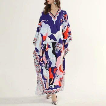 CHICEVER Бохемска Style Dress For Women V Образно Деколте Batwing Three Sleeve Print Hit Color Свободни Рокли Дамски 2021 Летни Дрехи Нова