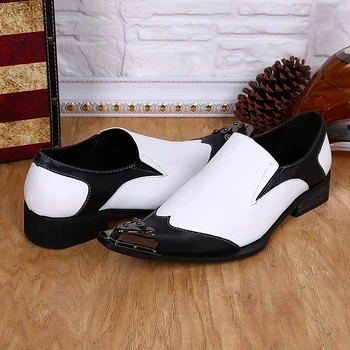 Christia Bella New Fashion Собственоръчно Plus Size Black Man and White Joint Shoes Metal Pointed-Toe Real Leather за Мъже партийна обувки