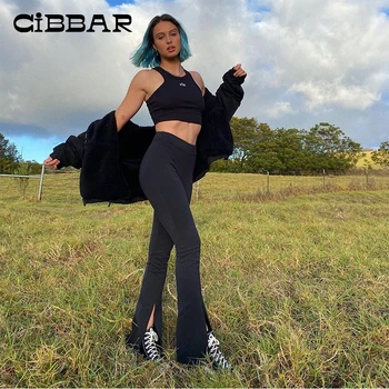 CIBBAR Casual Solid High Waist Long Flare Pants Women Split Sporty Fitness Pants Summer Female Fashion Street Sweatpants 2021