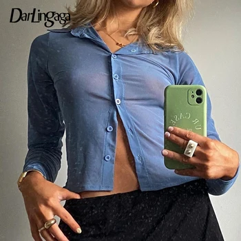 Darlingaga Vintage Brown Прозрачна мрежа блуза Женски сексуални съкратен върховете на копчета Лятна риза Вратовръзка Боядисват Y2K Дрехи, дамски блузи