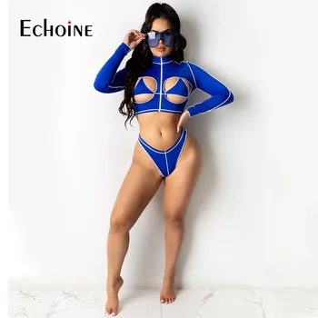 Echoine 2021 Women Секси Cut Out Zip Up Crop Top and Shorts Beach Vacation Two Piece Set Summer Party Club Matching Sets