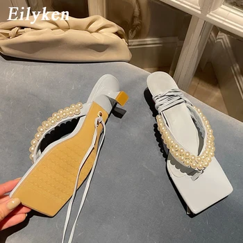 Eilyken Fashion String Bead Design Summer Клип Toe Тясна ивица от Гладиаторски дамски сандали глезена дантела Дамски обувки на нисък ток
