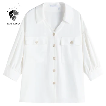 FANSILANEN Office lady French V-образно деколте Pure White Shirt 2021 Summer New Губим Мързел Style Three-Quarter Sleeve Shirt Women Tops