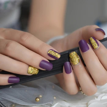 Gold Mix Glitter Изкуствена Ongles Medium Grape Purple Мат Frosted Pre-designed Acrylic Artificial маникюр Tips 24 CT