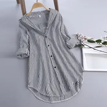 Harajuku Fashion Woman Върховете 2021 New Blouses Turn-down Collar Chic Stripe Long Sleeves Button Губим Top Shirt Blusas