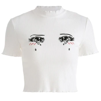 Harajuku Лятна Мода Дамски Бяло Къса Тениска Окото Чисто Изрязване На Върховете На Картун Печат С Къс Ръкав Тениска Koszulki Damskie 2020