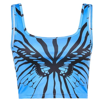 HEYounGIRL Butterfly Print Casual Tank Top Tees Women Summer Blue Fitness Crop Върховете Y2K Fashion Сладко Ladies Vest Streetwear 2021