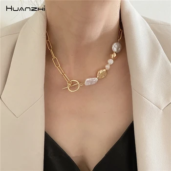 HUANZHI 2020 New Retro Geometry Pearls Asymmetry Metal Chain Clavicle Chokers Колиета OT Обтегач за жени Бижута