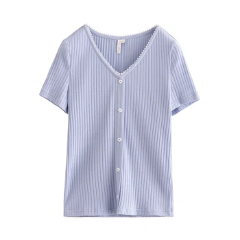INMAN Summer Plain Памук Basic T-Shirt Korean Момиче Minimal Style V-Shape Дантела Border Collar Short Sleeve Women Дамски блузи
