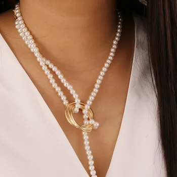 JCYMONG 2021 New Бохемска Simulated Pearls Колиета За жени Мода Златист Цвят на Геометричен Кръг Пуловер Chian Jewelry