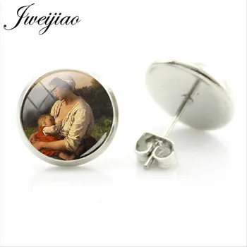 JWEIJIAO Classic Mother And Son Daughter Stud Earring Glass Cabochon Folk Art Painting Alloy Ear Jewelry Mother ' s Day Gift mm218