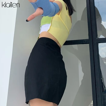 KLALIEN мода мозайка край вязаная дамски секси тениска с рамо с дълъг ръкав kpop top women 2020 new еластични slim wild tee