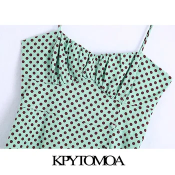 KPYTOMOA Women 2021 Chic Fashion Polka Dot Цепка Hem Midi Vintage Dress без гръб Zipper Bow Тънки бретельки Дамски рокли Vestidos