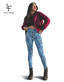LETSFIND 2019 Fashion Plus Size Women Printed Leggings Cashew Flowers Print High Waist Blue Leggings