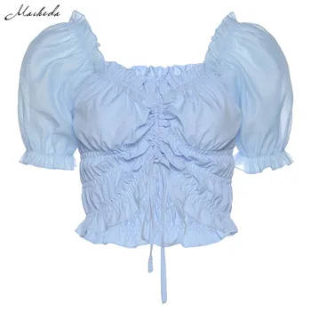 Macheda Blue Elegant Puff Sleeve-T-shirt Women Casual Drawstring Crop Top Summer Streetwear Lady SlimTee mujer 2020 New