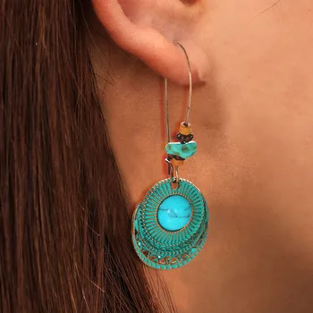 Modyle Бохемска earrings изявление jewelry Преувеличени антични зелени метални обеци капки вода за жени Boho цветя пискюл