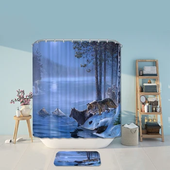 Moon River Wolf Shower Curtain Водоустойчив Полиестерен Плат Forest Bath Curtain Душ За баня