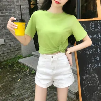 QRWR T Shirt Women 2021 Korean Fashion Casual Slim Short T Shirt O Neck kawaii Solid Color Short Sleeve Дъно Риза Top