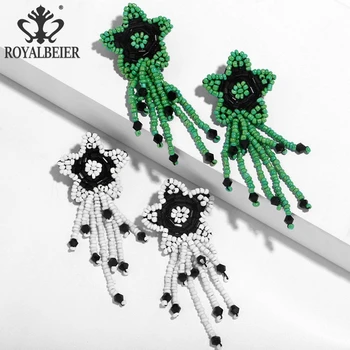 Royalbeier Women Handwoven бохемска Star Bead Drop Earrings Vintage Gradient Color Дълги Обеци С пискюли Нова Мода Бижута