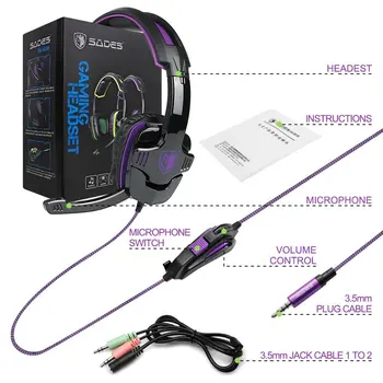 SADES SA-930 Професионална PS4 Слушалки 3.5 мм Слот за Слушалки с кабел от 1 до 2 за компютри и мобилни телефони
